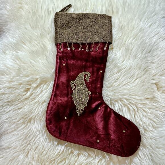 VTG Burgundy Velvet Gold Thread Paisley Brocade Crystal Bead Christmas Stocking - Picture 1 of 9